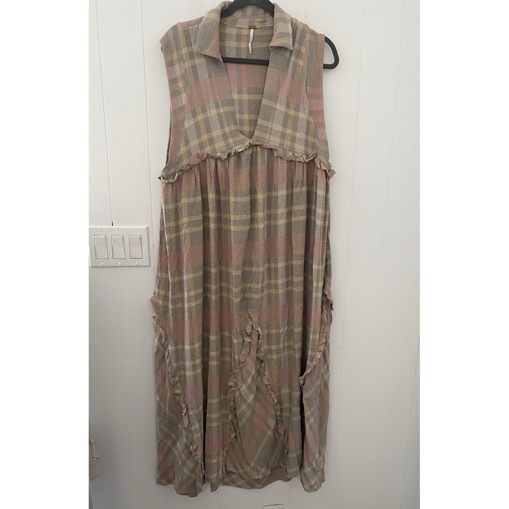Free People Plaid Sleeveless Maxi Dress Ruffle Hem Size XS Pastel Earthy‎ Gauze